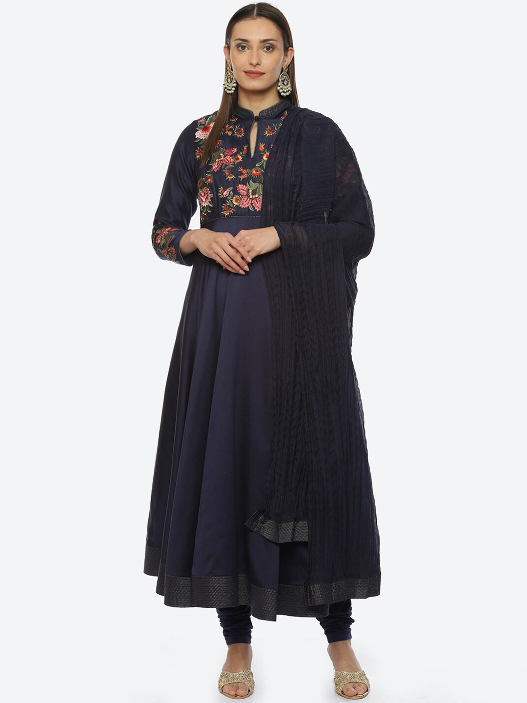 

Biba by Rohit Bal Floral Embroidered Chanderi Silk Kurta With Churidar & Dupatta, Blue