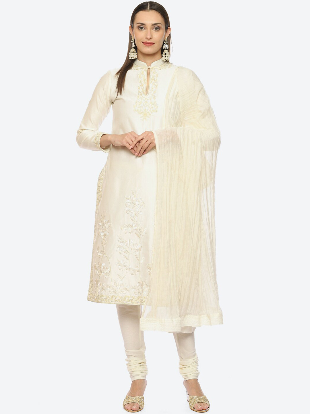 

Biba by Rohit Bal Floral Embroidered Chanderi Silk Kurta With Churidar & Dupatta, Off white
