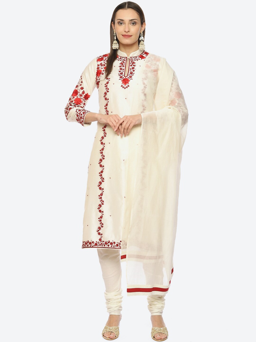 

Biba by Rohit Bal Floral Embroidered Chanderi Silk Kurta With Churidar & Dupatta, Off white