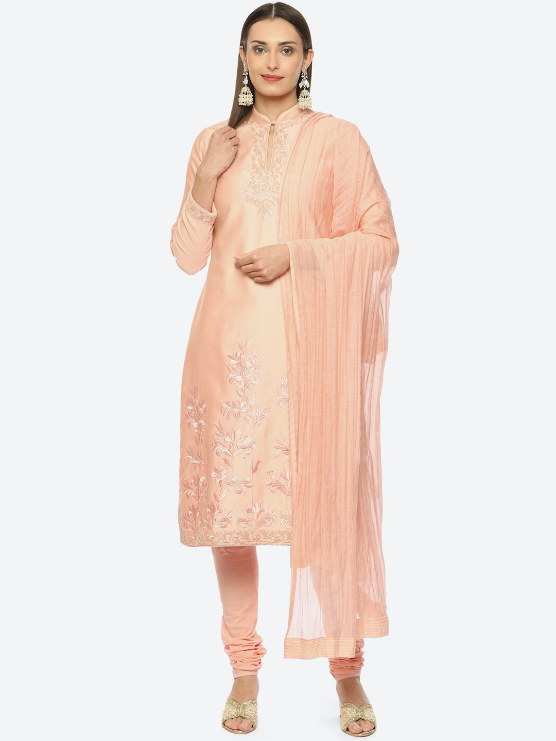 

Biba Floral Embroidered Chanderi Silk Kurta With Churidar & Dupatta, Peach