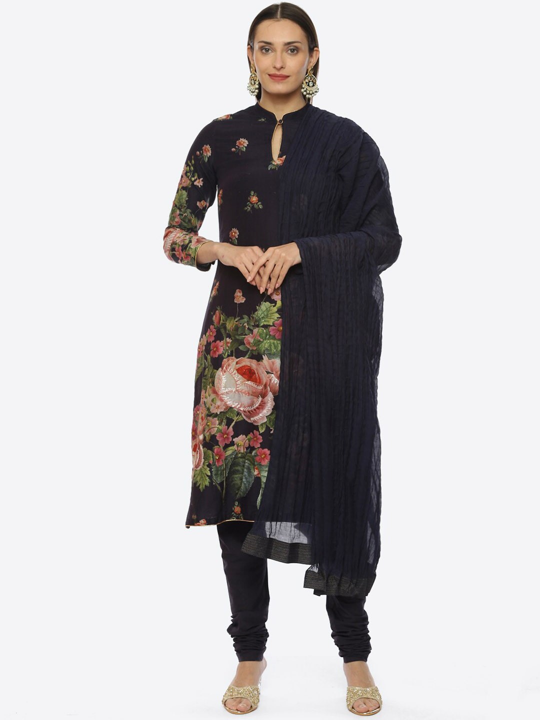 

Biba Floral Printed Sequinned Chanderi Silk Kurta With Churidar & Dupatta by Rohit Bal, Blue