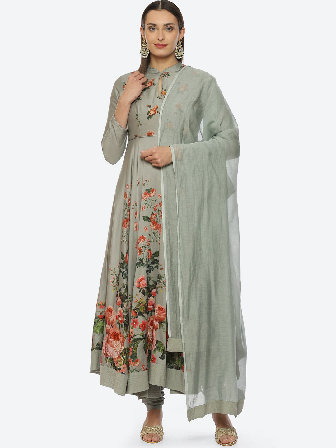 

Biba Floral Printed Chanderi Silk Kurta With Churidar & Dupatta, Green