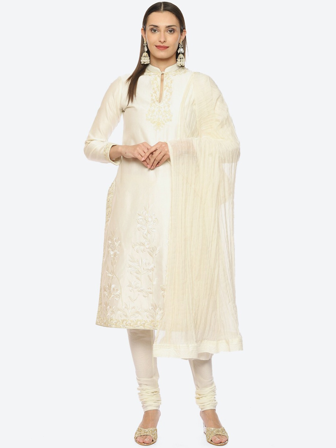 

Biba by Rohit Bal Floral Embroidered White Romance Chanderi Silk Kurta with Churidar & Dupatta, Off white