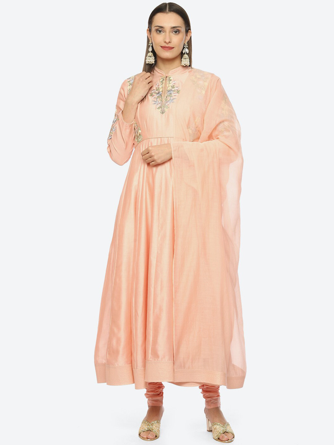 

Biba by Rohit Bal Floral Embroidered Thread Work Chanderi Silk Kurta with Churidar & Dupatta, Peach