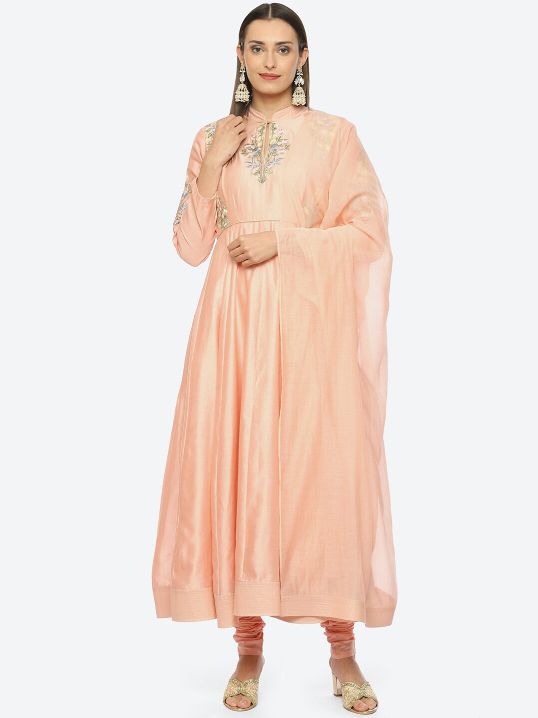 

Biba Floral Embroidered Thread work Chanderi Silk Kurta with Churidar & Dupatta, Peach
