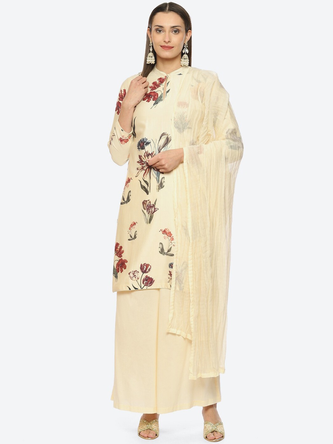 

Biba by Rohit Bal Band Collar Floral Print Chanderi Silk Kurta With Palazzos & Dupatta by Rohit Bal, Off white