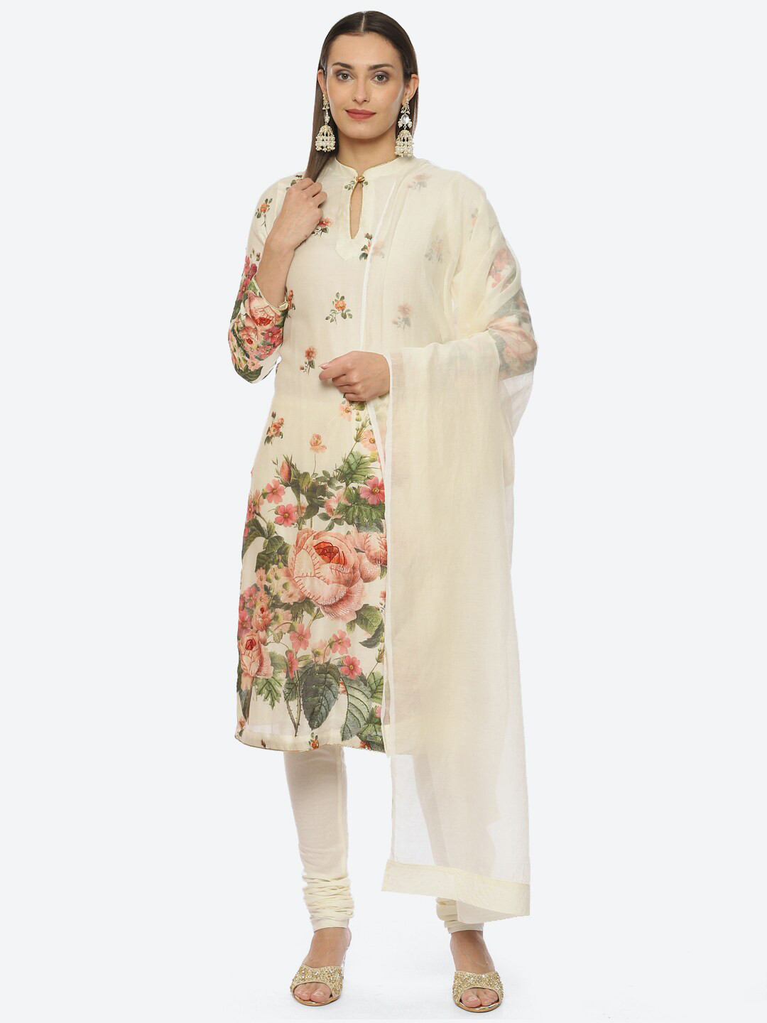 

Biba by Rohit Bal Floral Printed Chanderi Silk Kurta With Churidar & Dupatta by Rohit Bal, Cream
