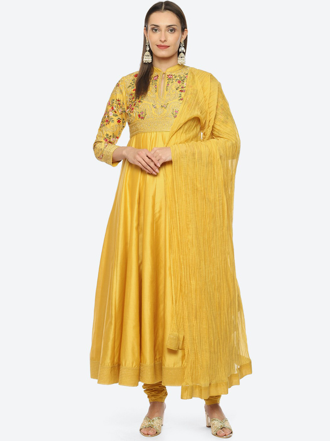 

Biba by Rohit Bal Floral Embroidered Chanderi Silk Kurta with Churidar & Dupatta by Rohit Bal, Mustard