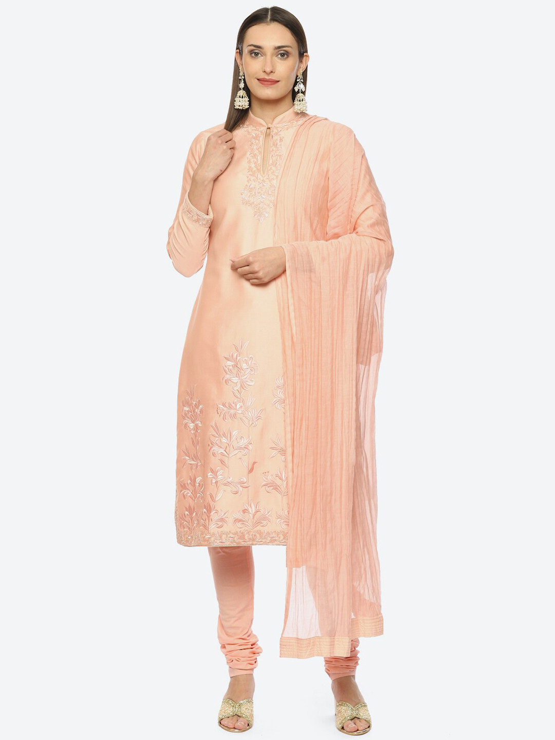 

Biba by Rohit Bal Floral Embroidered Chanderi Silk Kurta with Churidar & Dupatta, Peach