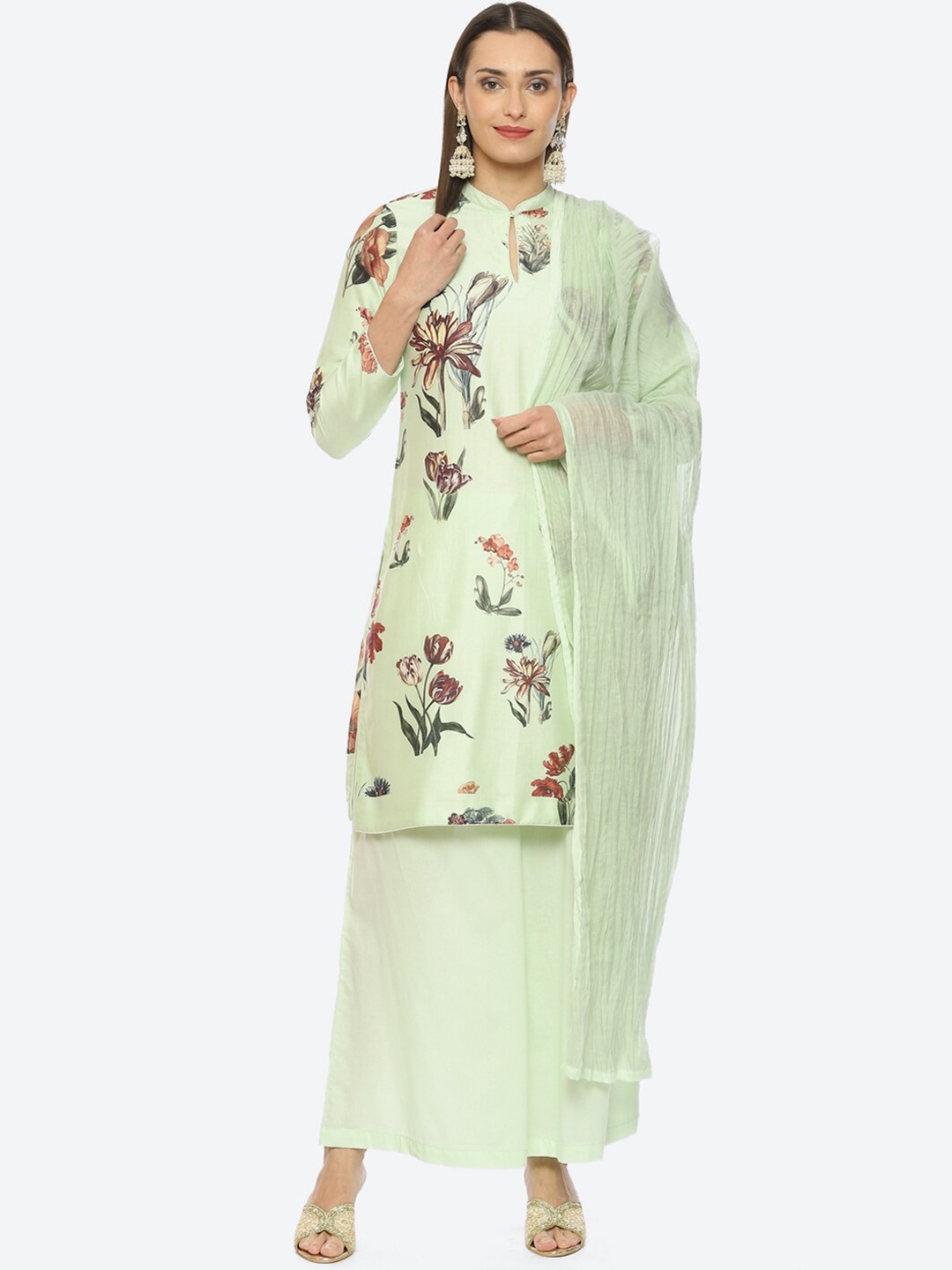 

Biba Floral Printed Chanderi Silk Kurta with Palazzos & Dupatta by Rohit Bal, Green