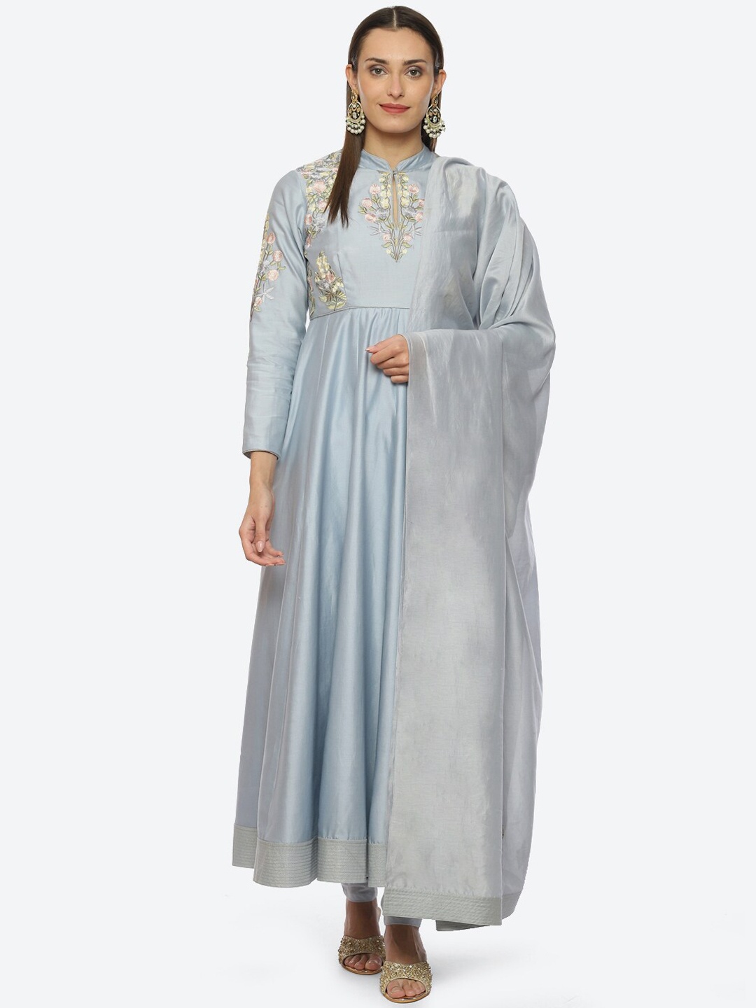 

Biba by Rohit Bal Floral Embroidered Mandarin Collar Floor length Anarkali Kurta Churidar & Dupatta, Blue