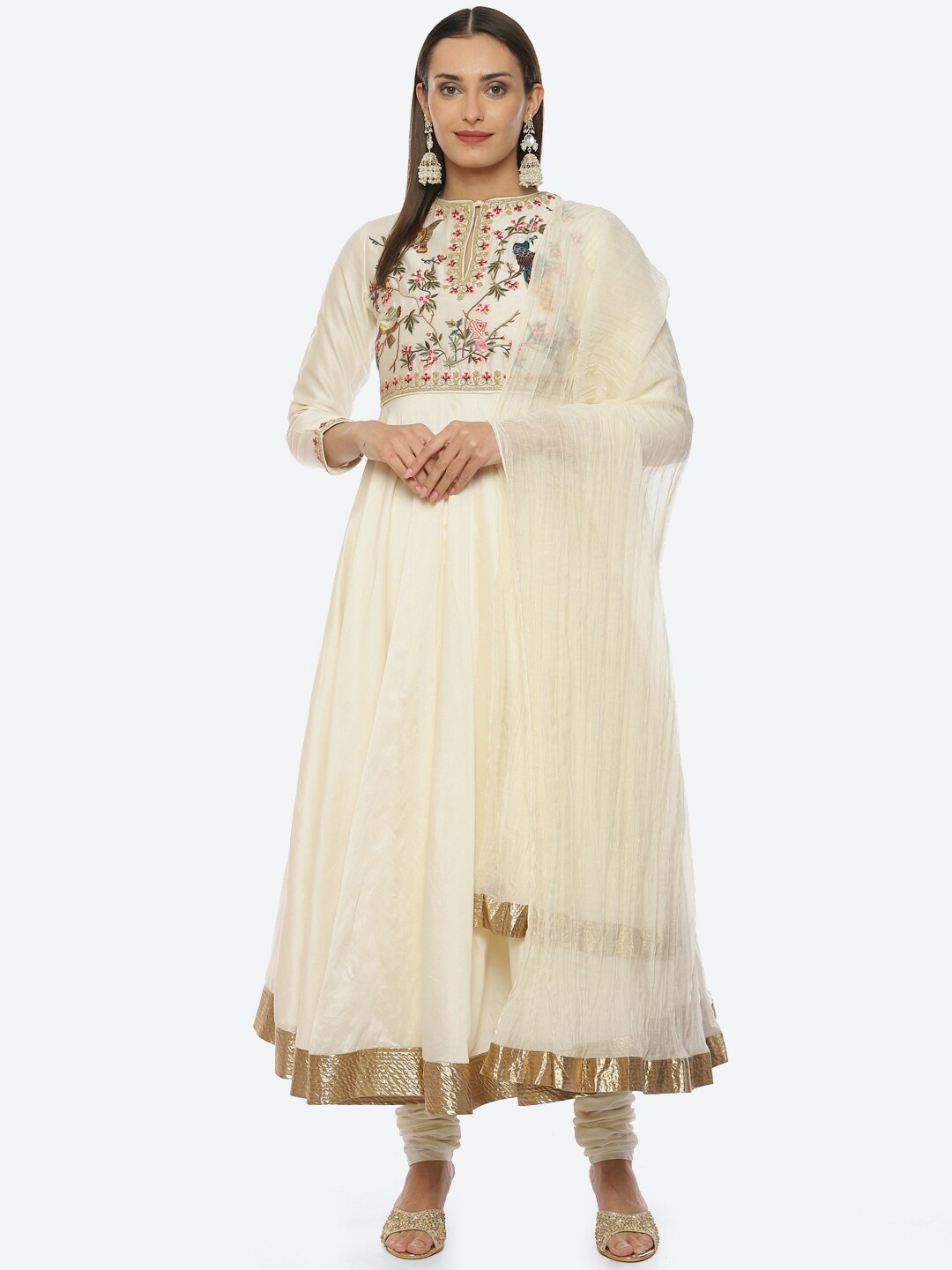 

Biba Floral Printed Keyhole Neck Calf Length Anarkali Kurta with Churidar & Dupatta, Off white