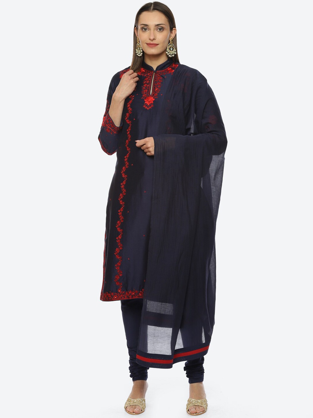 

Biba by Rohit Bal Floral Embroidered Mandarin Collar Straight Kurta with Churidar & Dupatta, Navy blue