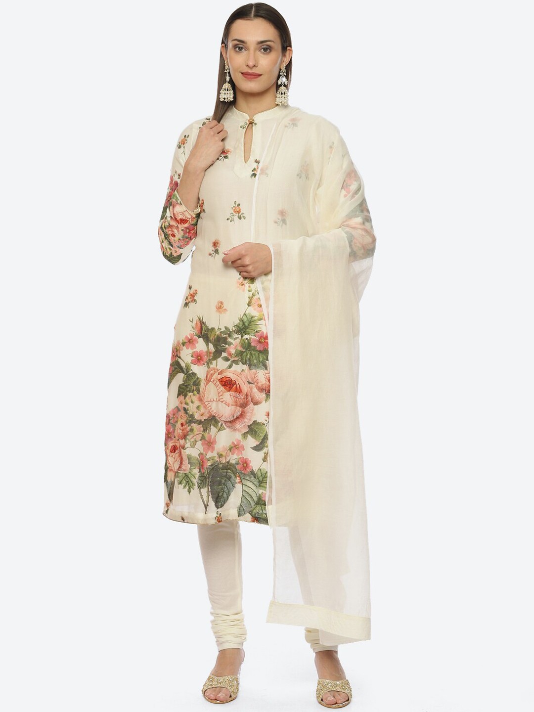 

Biba by Rohit Bal Plus Size Floral Print Sequined Chanderi Silk KurtaChuridar&With Dupatta by Rohit Bal, Cream