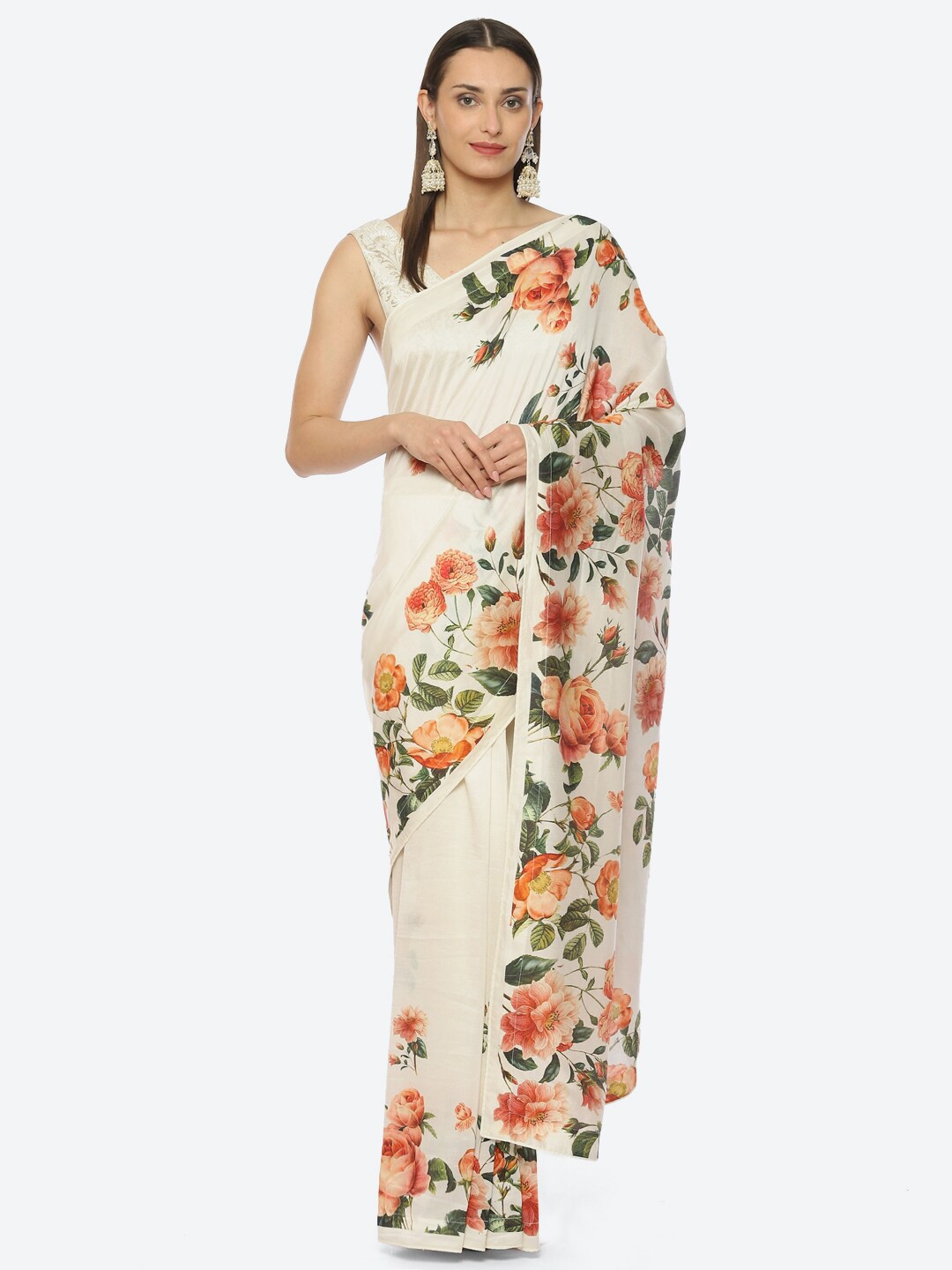 

Biba Floral Printed Chanderi Saree by Rohit Bal, Off white