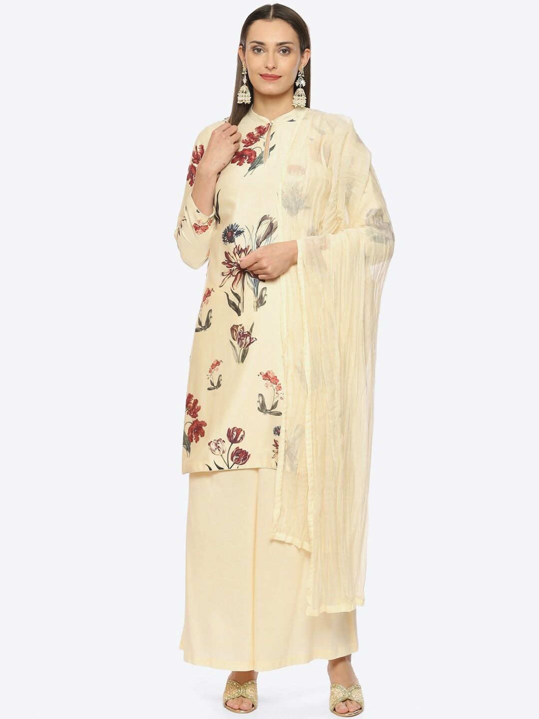 

Biba Plus Size Floral Print Chanderi Silk Kurta with Palazzos & With Dupatta by Rohit Bal, Off white