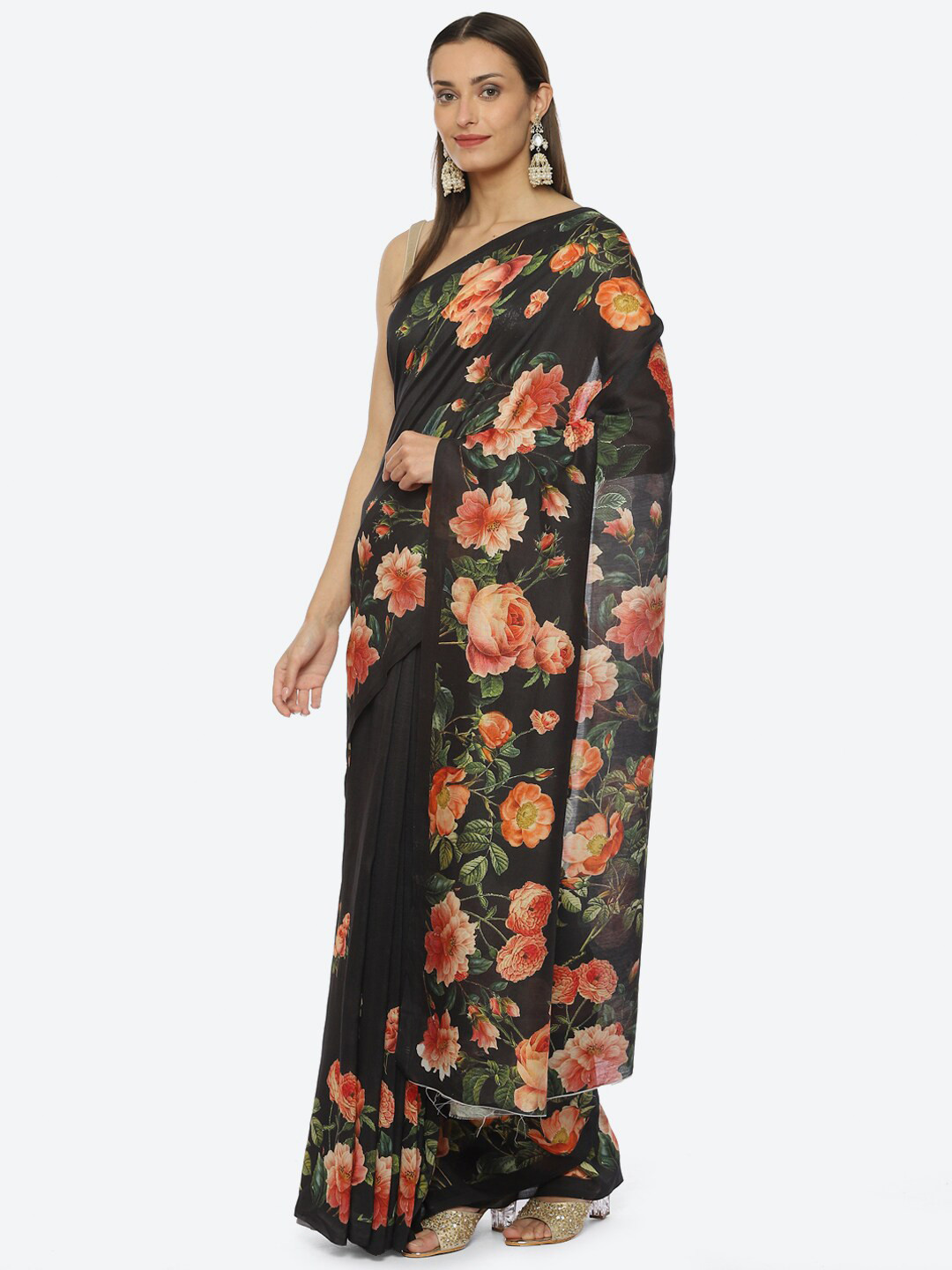 

Biba Floral Printed Chanderi Saree by Rohit Bal, Black