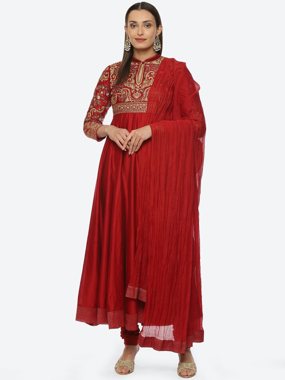

Biba Floral Embroidered Chanderi Silk Kurta with Churidar & With Dupatta, Red