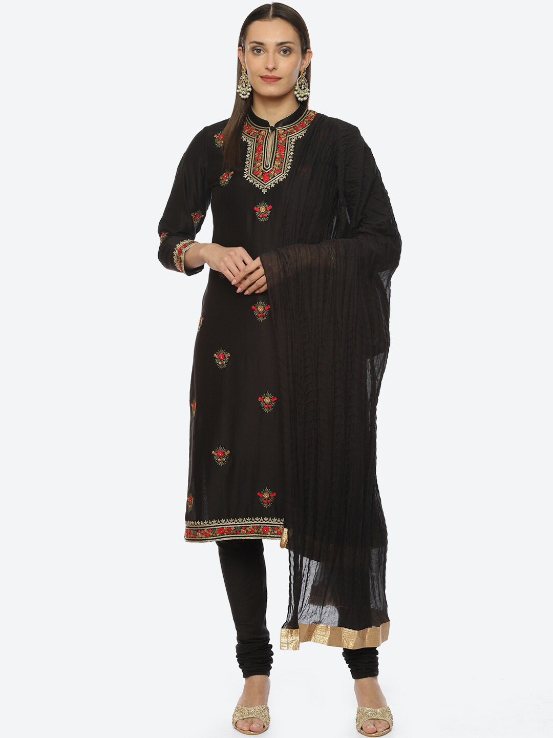 

Biba Plus Size Floral Embroidered Chanderi Silk Kurta with Churidar & Dupatta by Rohit Bal, Black