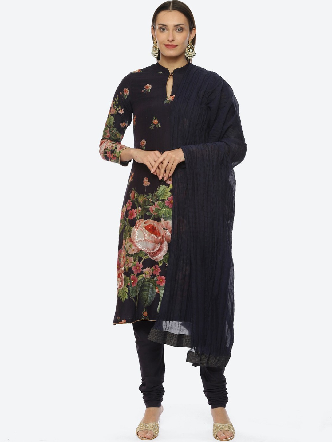 

Biba by Rohit Bal Band Neck Printed Sequinned Chanderi Silk Kurta With Churidar & Dupatta by Rohit Bal, Blue