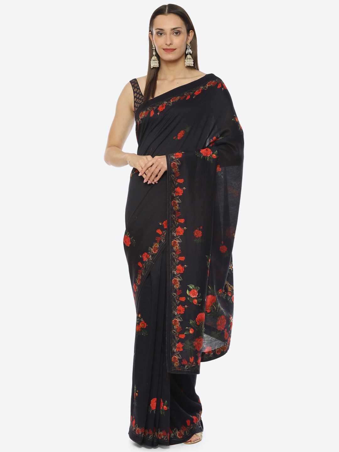 

Biba Floral Printed Chanderi Saree by Rohit Bal, Black