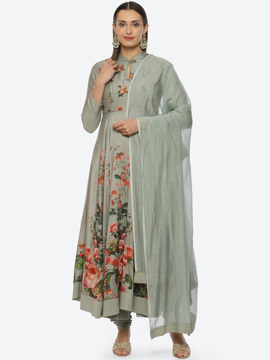 

Biba by Rohit Bal Floral Printed Chanderi Silk Kurta with Churidar & Dupatta by Rohit Bal, Green