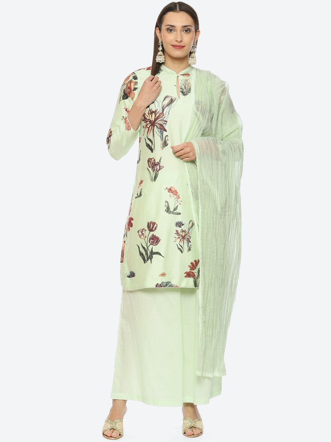 

Biba by Rohit Bal Printed Chanderi Silk Kurta with Palazzos & Dupatta by Rohit Bal, Green