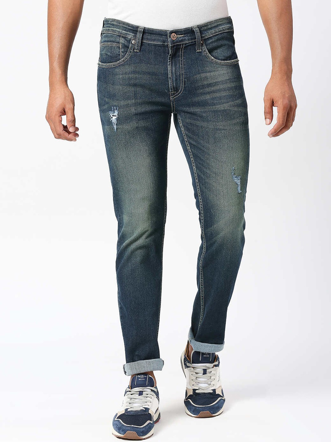 

Pepe Jeans Men Tapered Fit Low-Rise Low Distress Heavy Fade Jeans, Blue