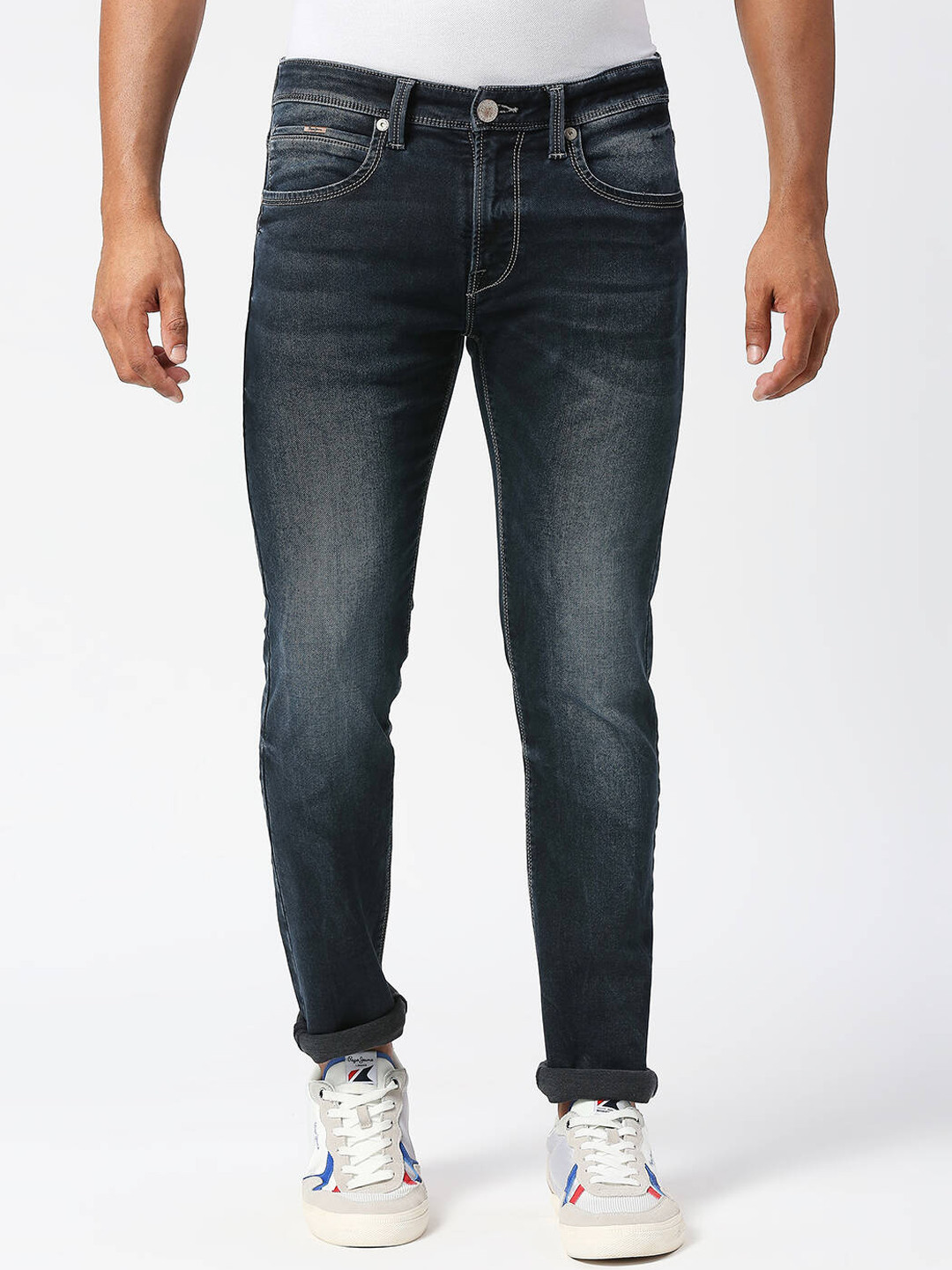 

Pepe Jeans Men Tapered Fit Low Distress Low Rise Cotton Jeans, Blue