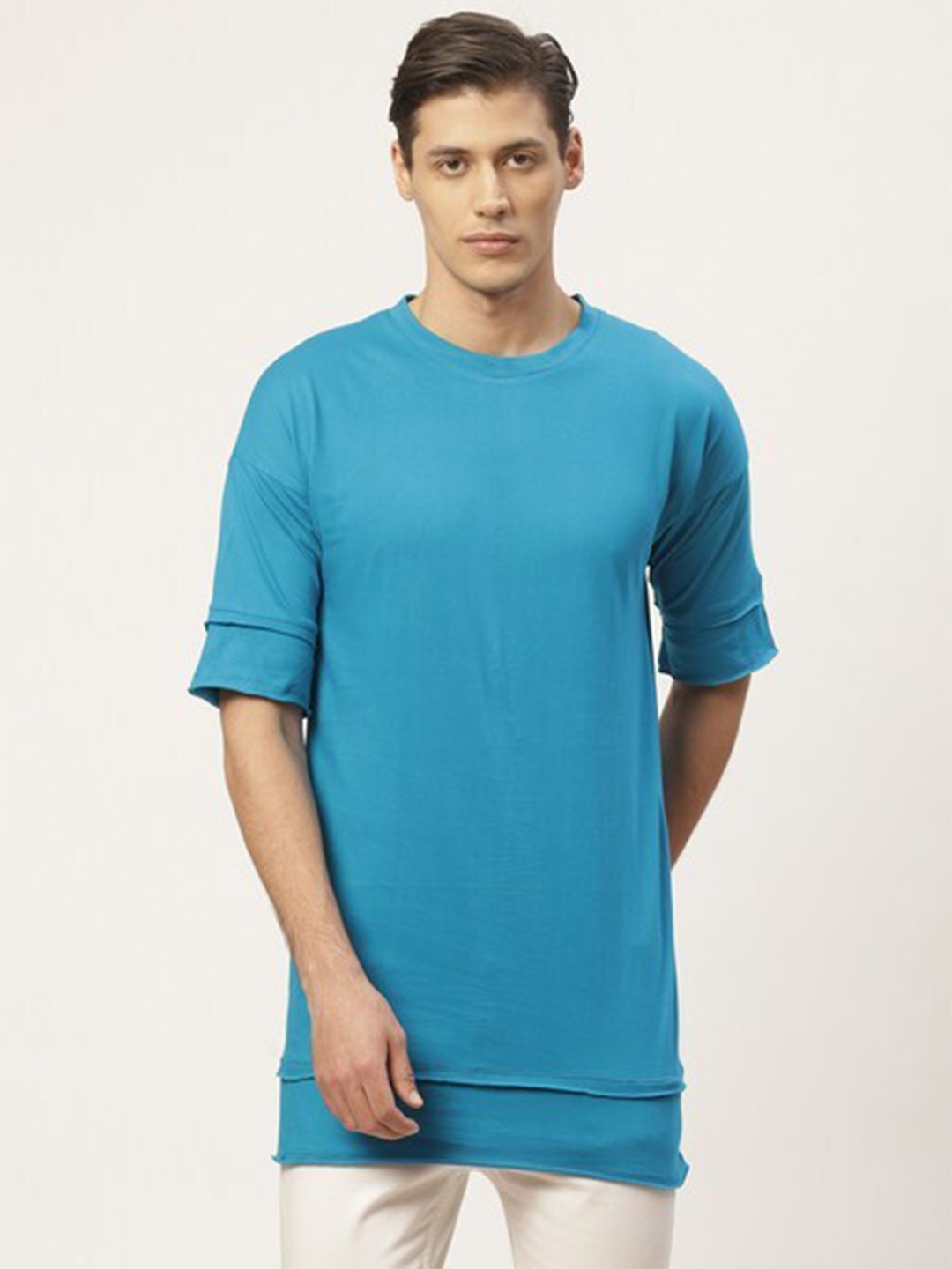 

PAUSE SPORT Drop Shoulder Sleeves Raw Edge Longline Cotton T-shirt, Blue