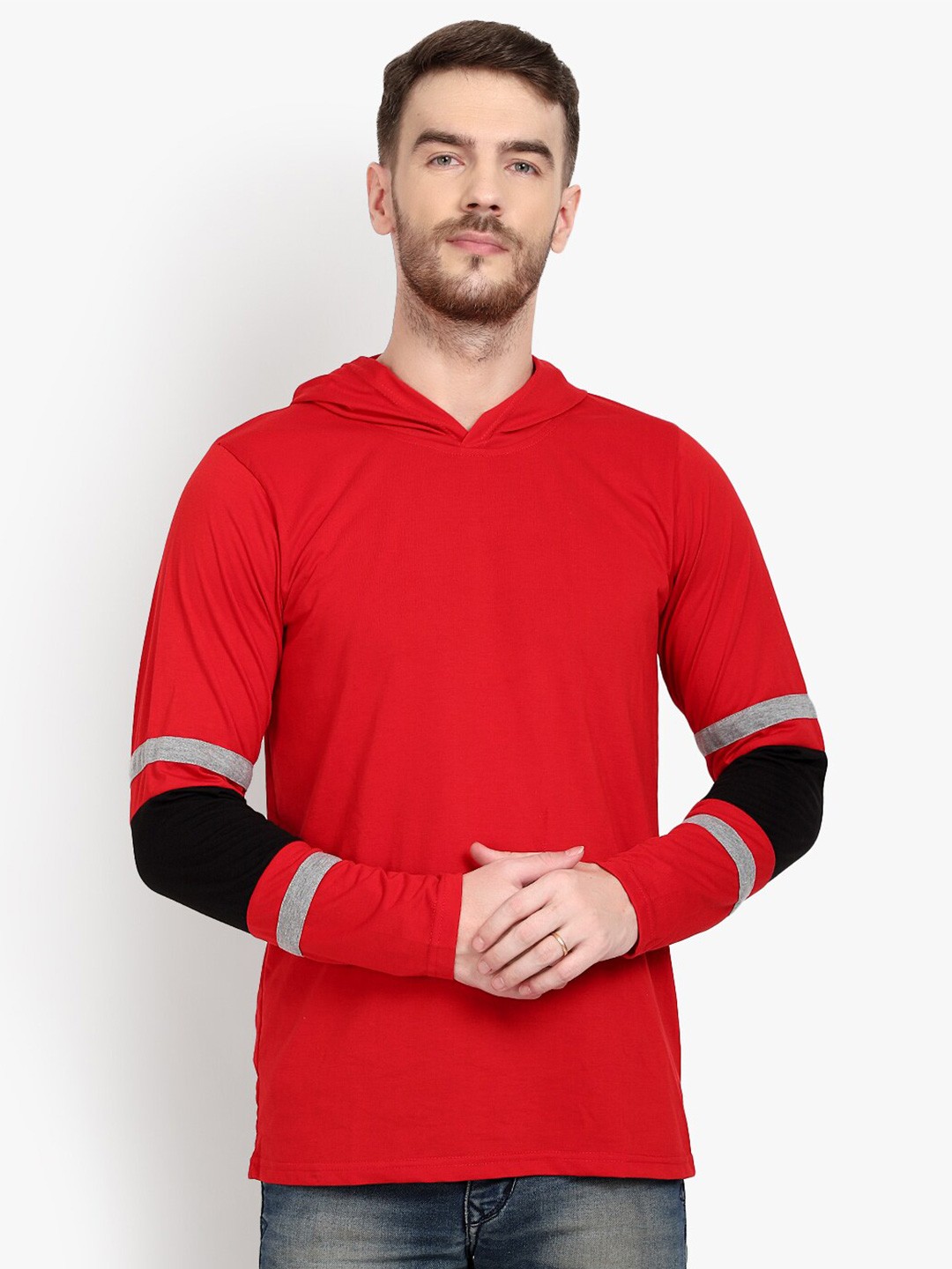 

PAUSE SPORT Hooded Long Sleeve Cotton T-shirt, Red