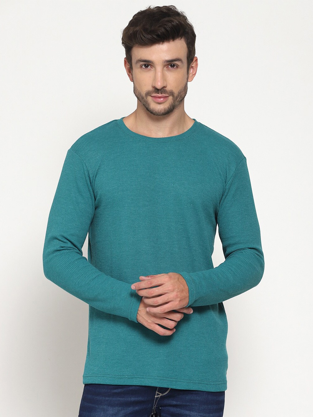 

PAUSE SPORT Round Neck Long Sleeves Self Design Cotton T-shirt, Sea green