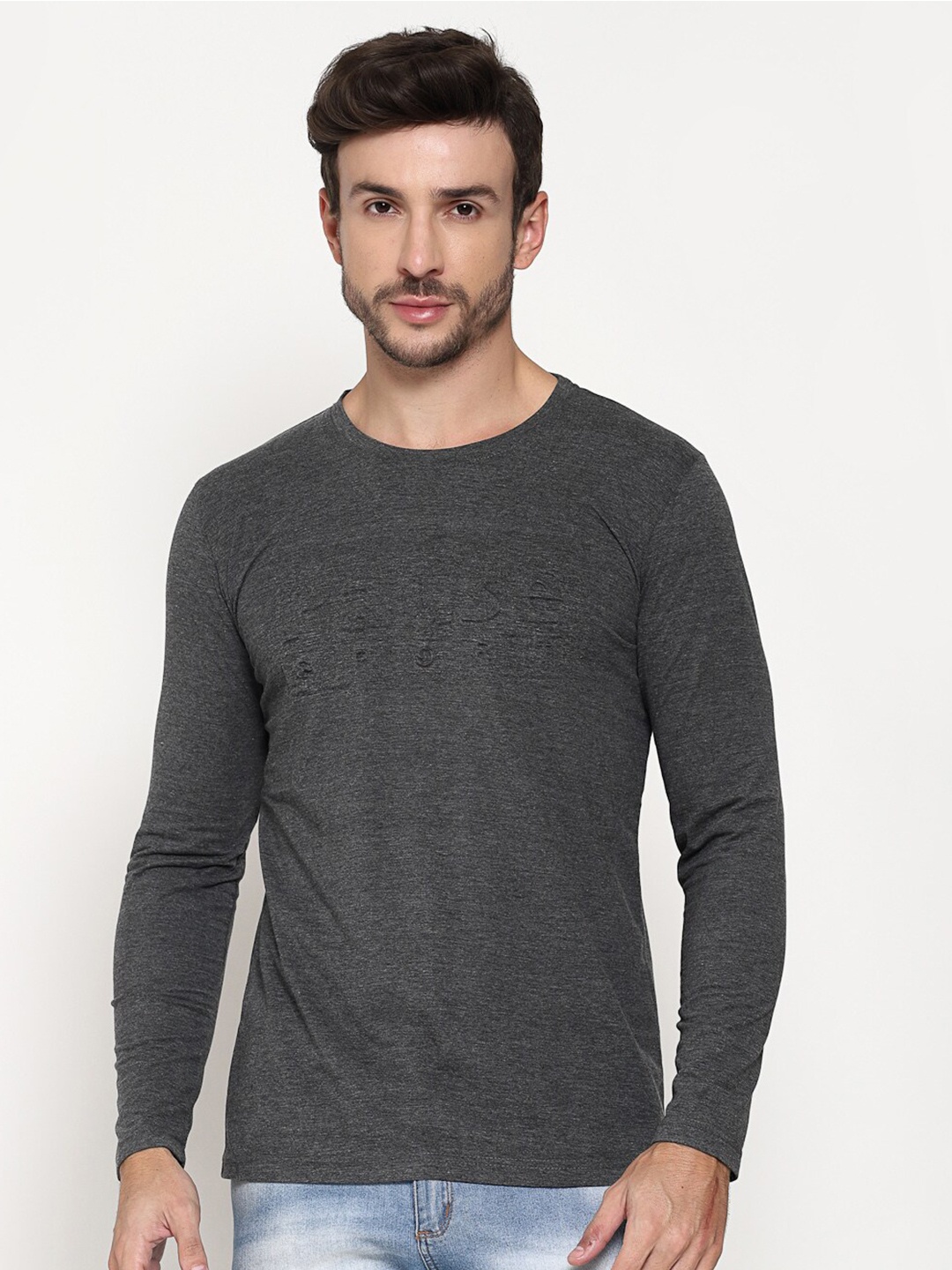 

PAUSE SPORT Self Design Long Sleeves Cotton T-shirt, Grey