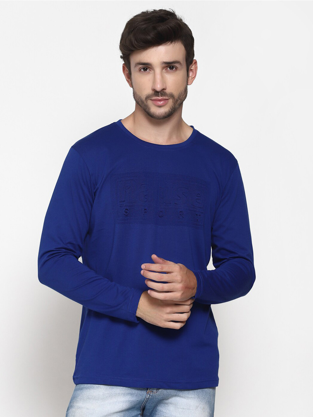 

PAUSE SPORT Self Design Long Sleeves Cotton T-shirt, Blue