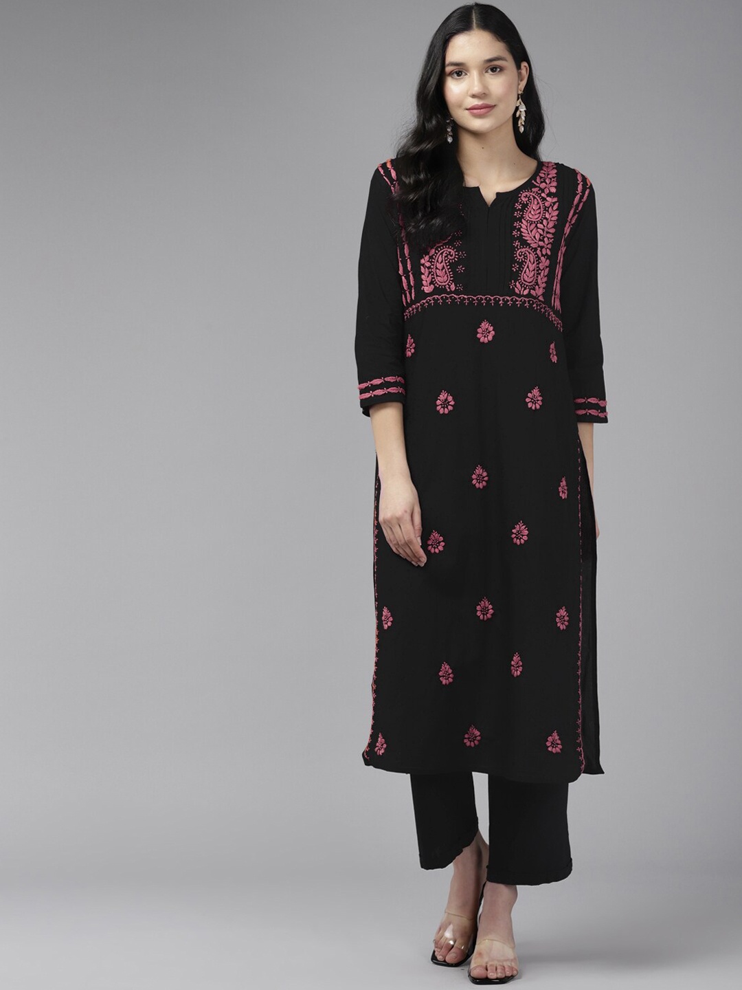 

ADA Cotton Lucknowi Chikankari Yoke Design Kurta, Black