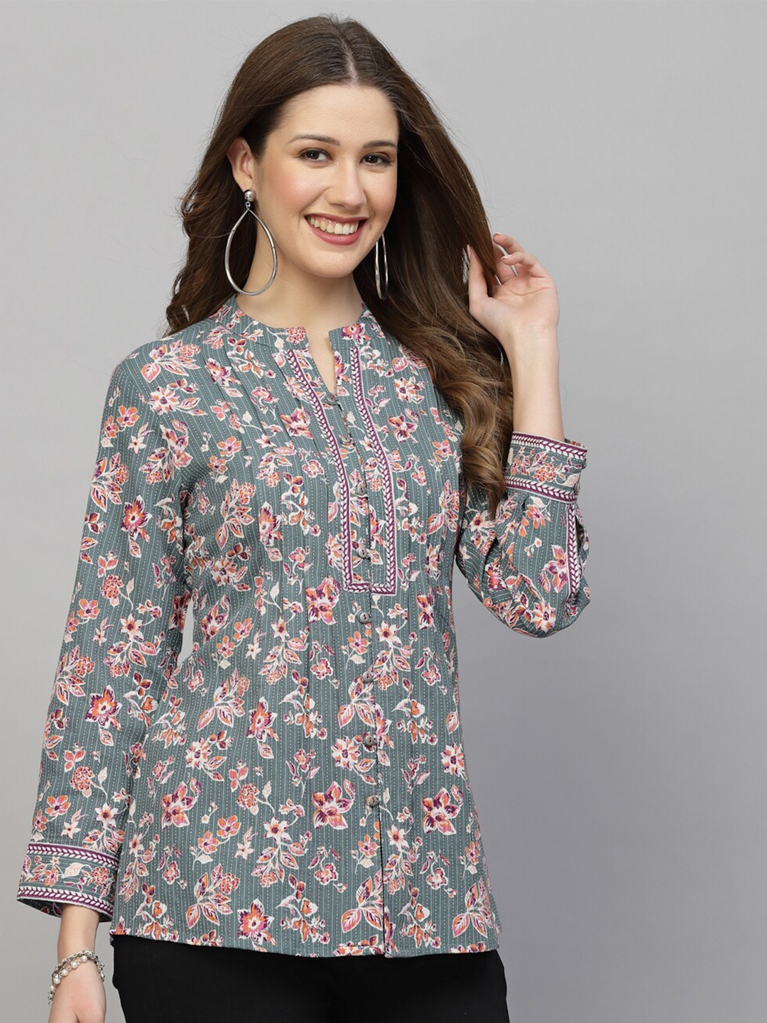 

QOMN Floral Printed Mandarin Collar Pure Cotton Top, Grey