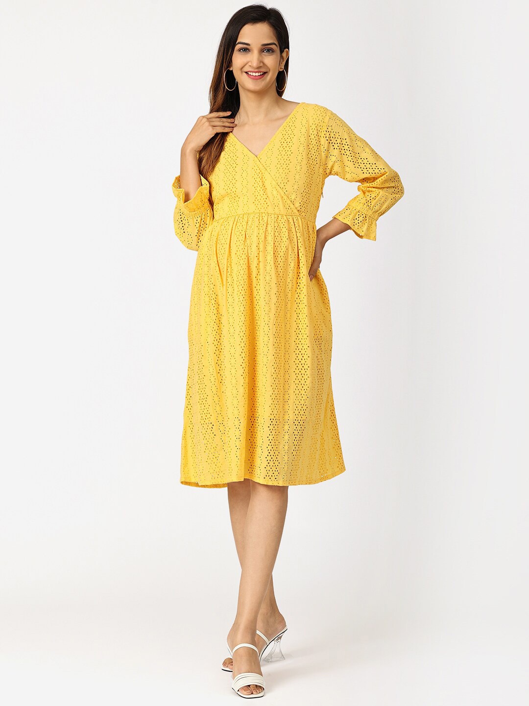 

The Mom Store V Neck Bell Sleeves Schiffli Cotton A-Line Dress, Yellow