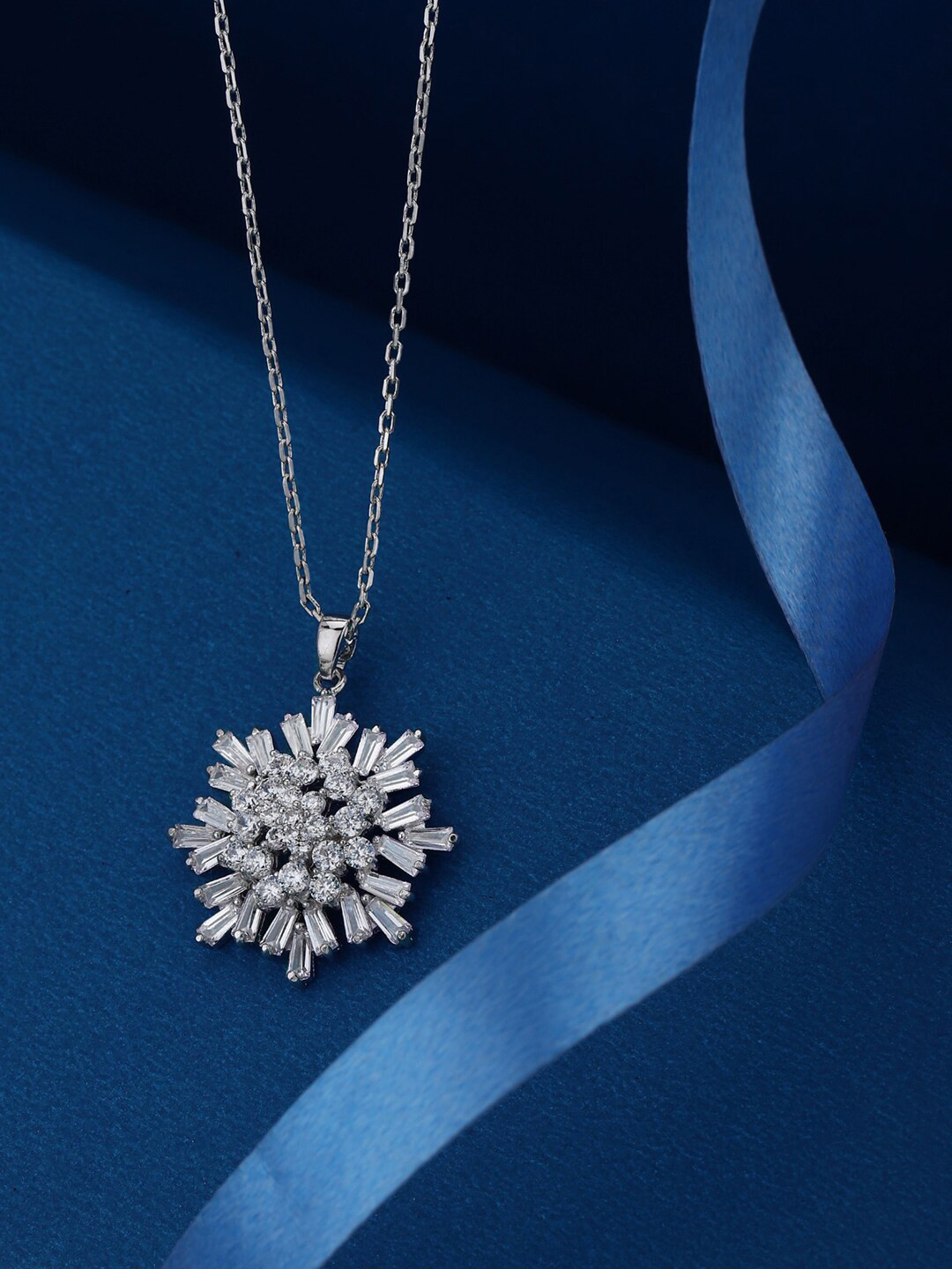 

Carlton London Premium Rhodium-Plated CZ-Studded & Floral-Charm Pendant With Chain, Silver