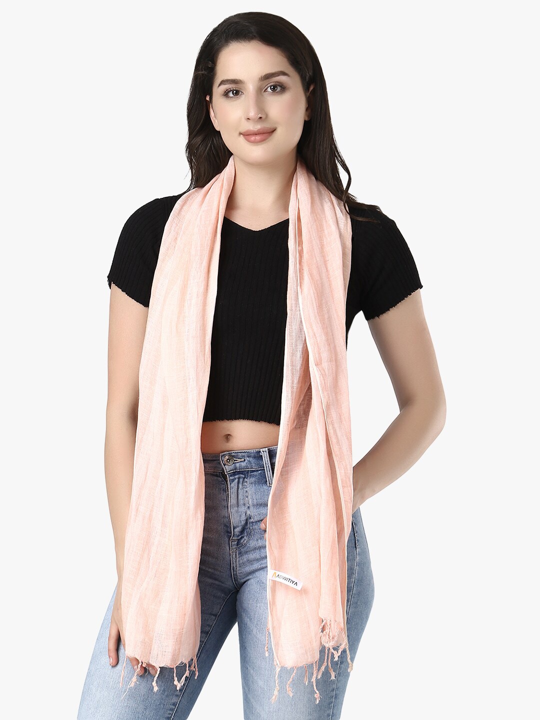 

Adwitiya Collection Striped Linen Tasseled Border Scarf, Peach