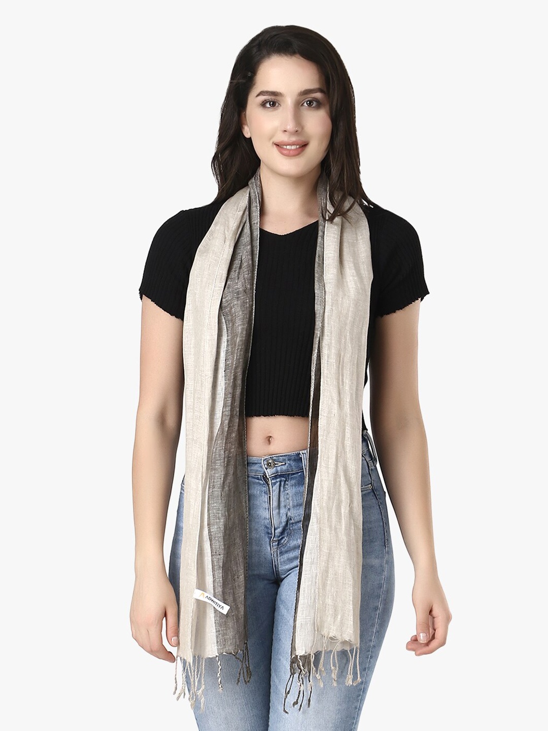 

Adwitiya Collection Striped Linen Tasseled Border Scarf, Grey