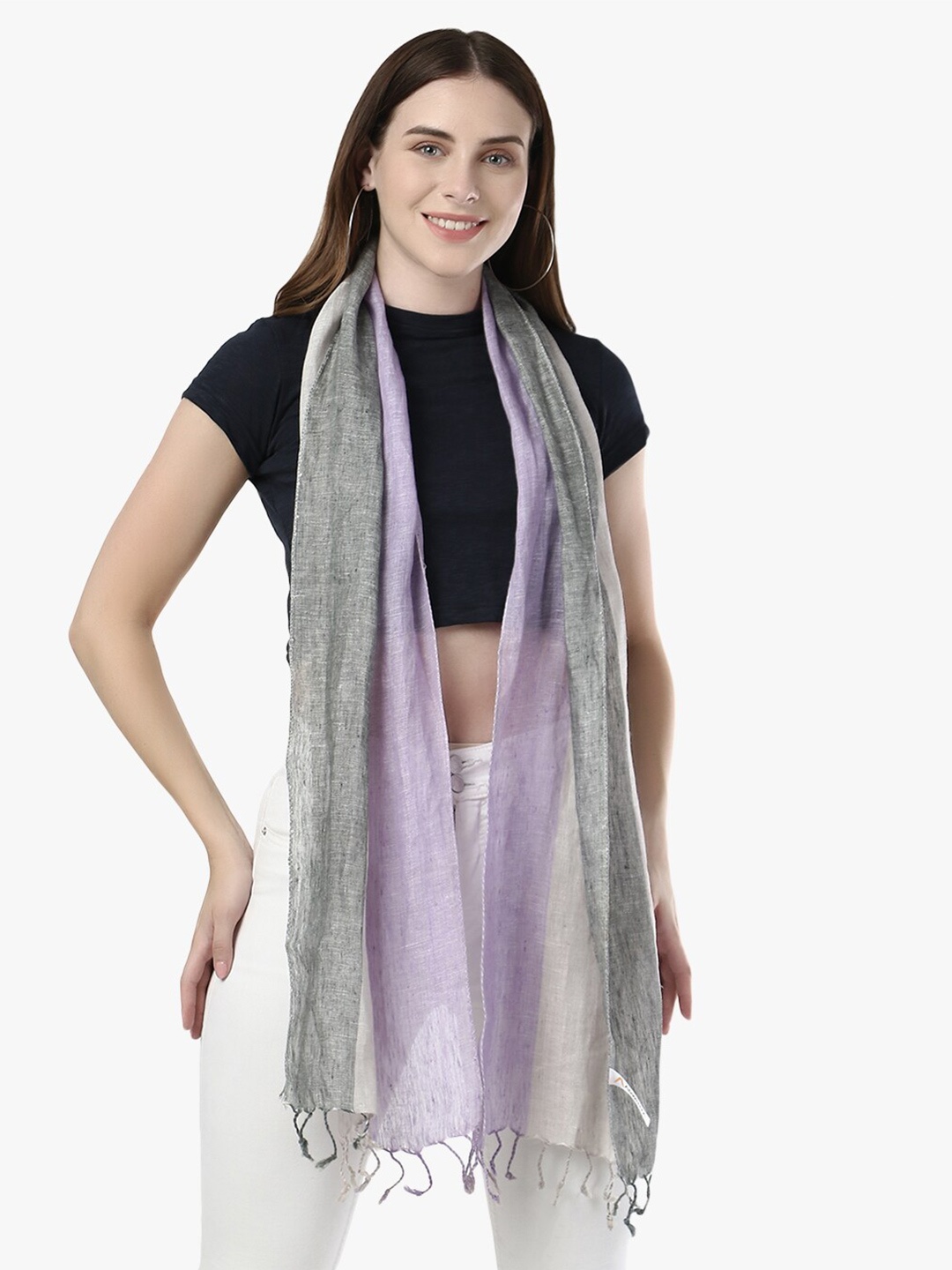 

Adwitiya Collection Striped Linen Tasseled Border Scarf, Grey