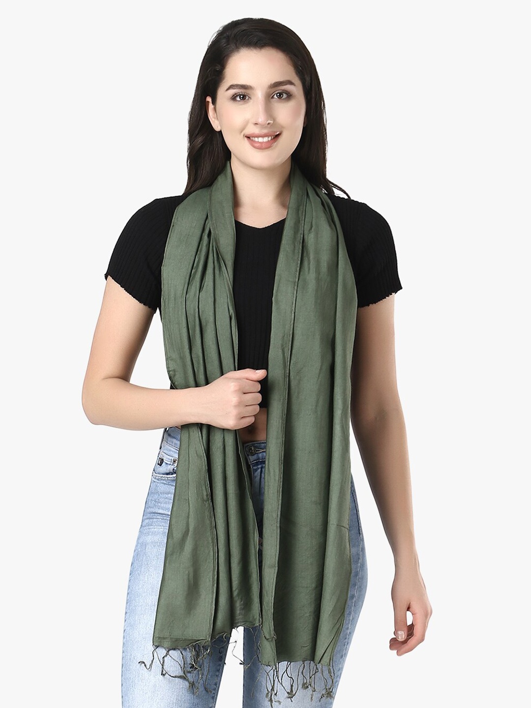 

Adwitiya Collection Solid Cotton Tasseled Border Scarf, Green