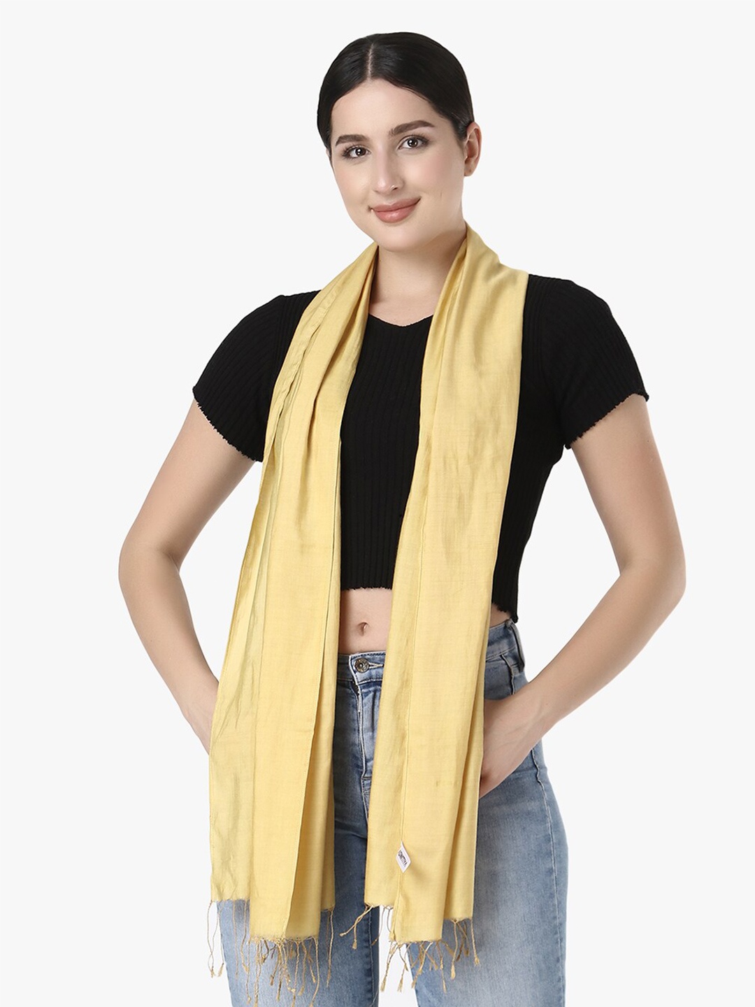 

Adwitiya Collection Solid Pure Cotton Tasseled Border Scarf, Yellow