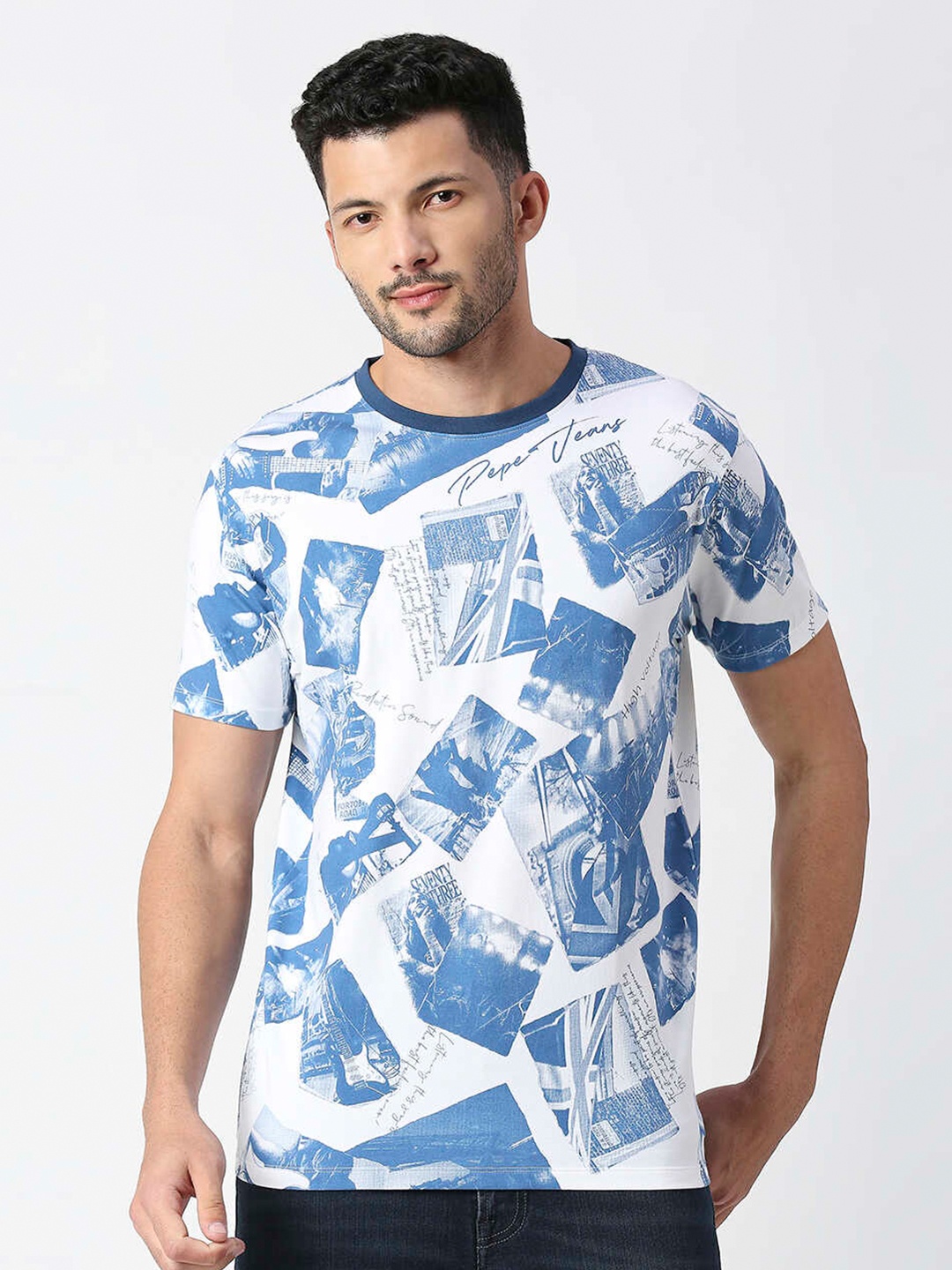 

Pepe Jeans Men Graphic Printed Pure Cotton Slim Fit T-shirt, White