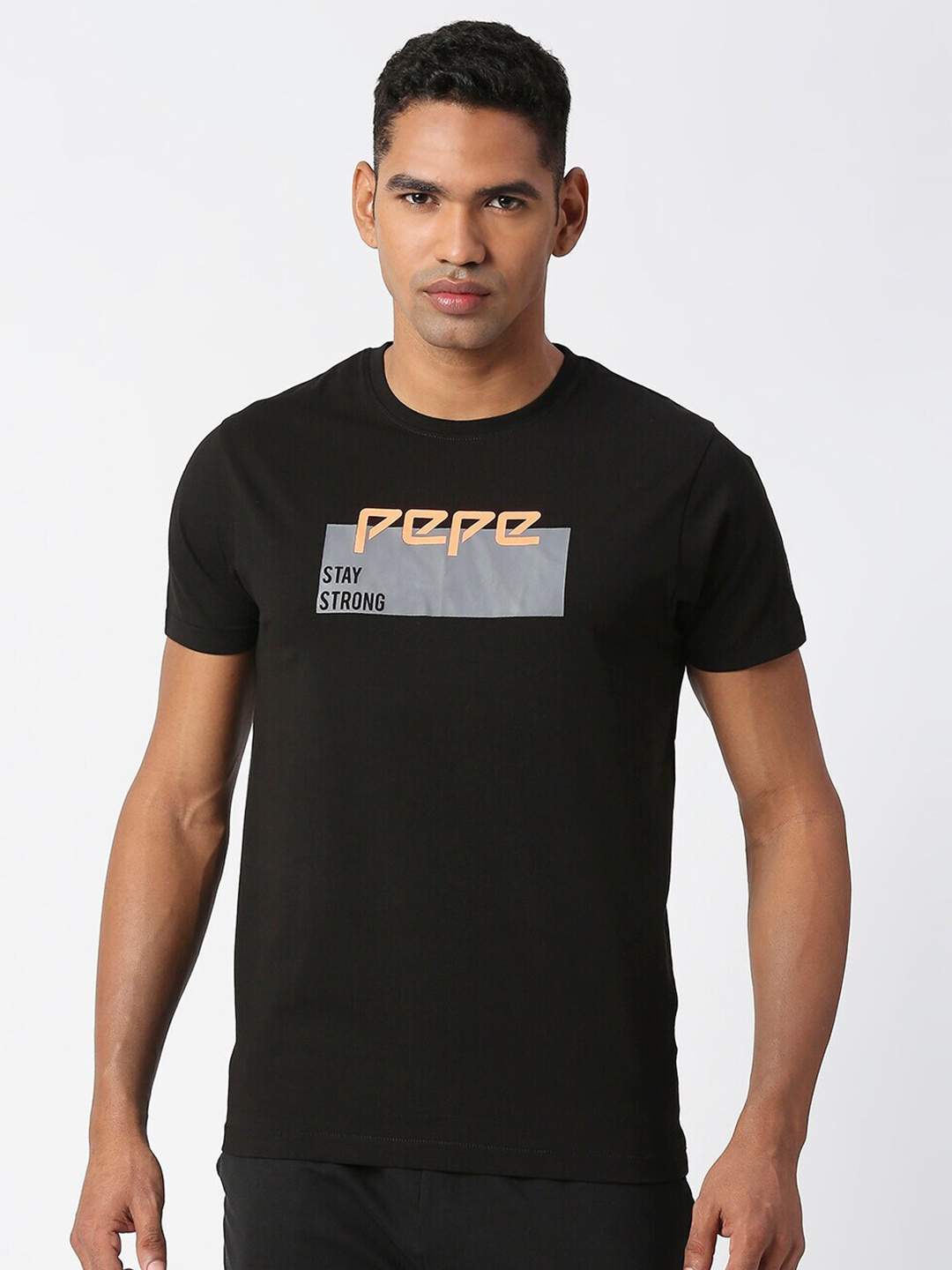 Pepe Jeans Men Typography Printed Pure Cotton Slim Fit T-shirt, Black