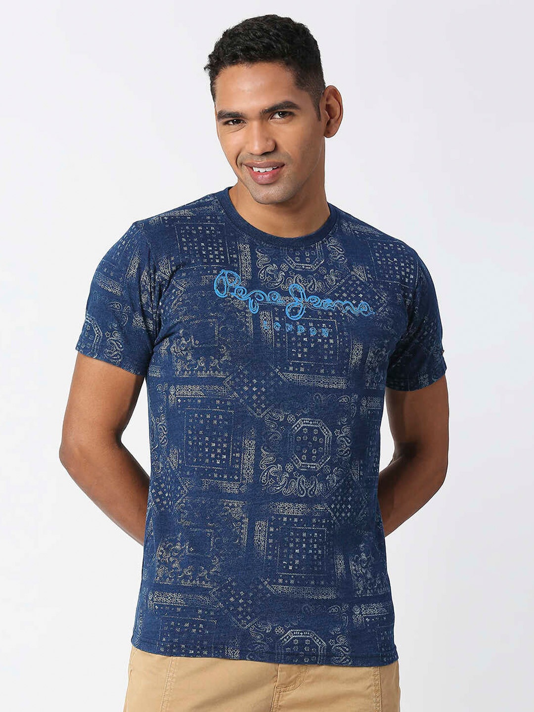 

Pepe Jeans Men Printed Pure Cotton Slim Fit T-shirt, Navy blue