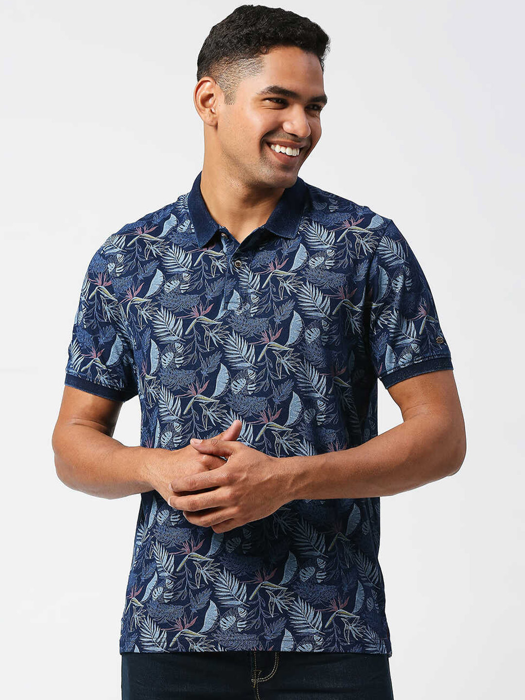 

Pepe Jeans Floral Printed Polo Collar Pure Cotton T-shirt, Blue