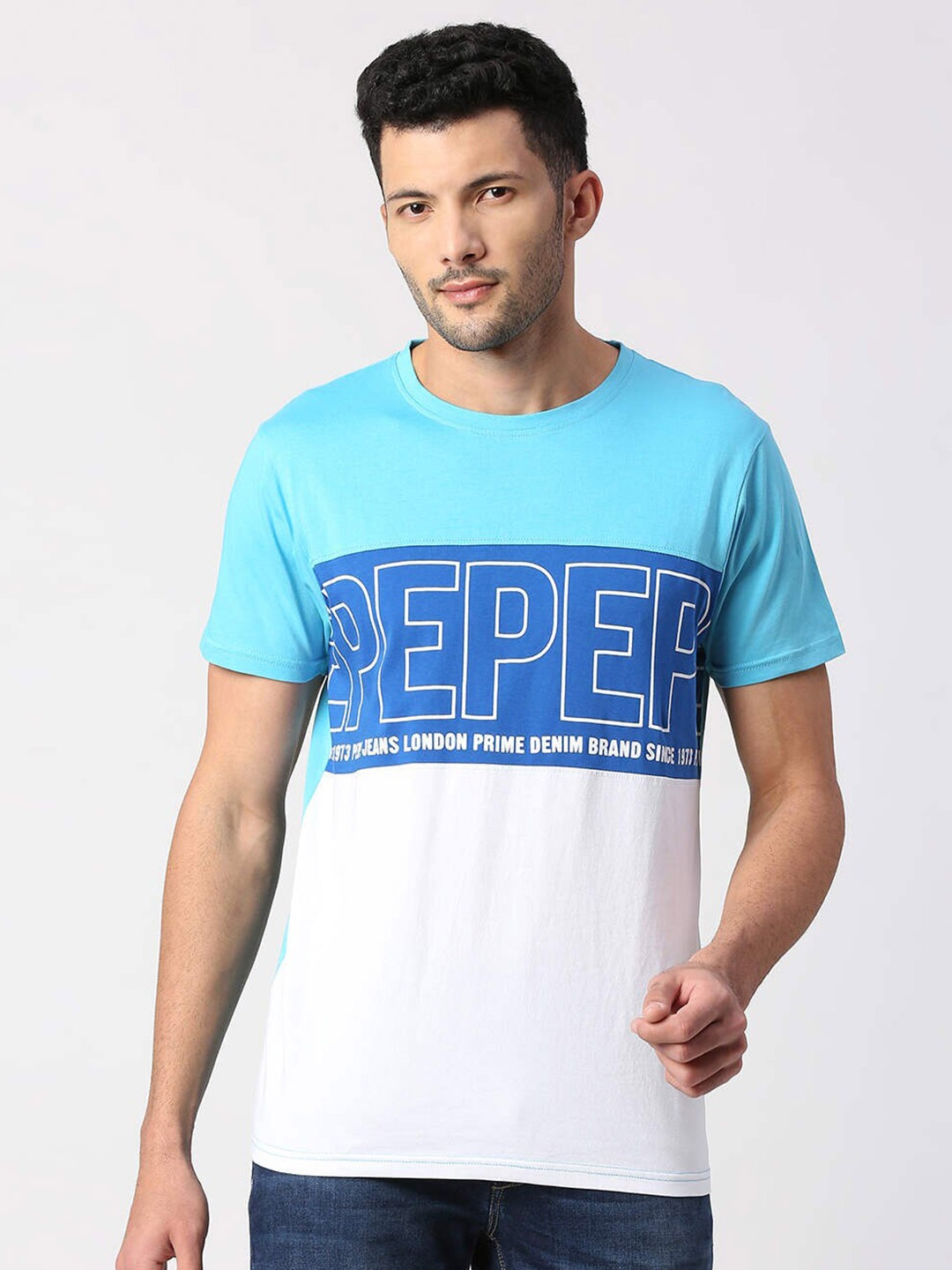 Pepe Jeans Typography Printed Pure Cotton Slim Fit T-shirt, Blue