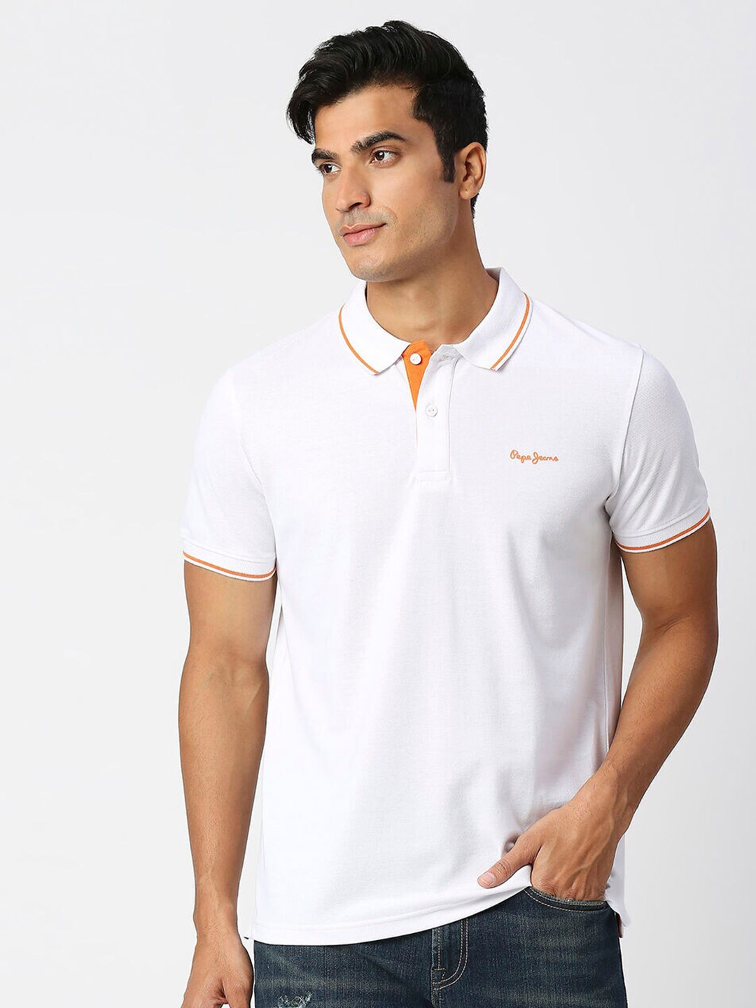 

Pepe Jeans Men Pure Cotton Polo Collar Regular Fit T-shirt, White