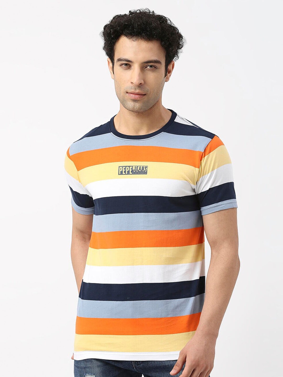 

Pepe Jeans Men Striped Pure Cotton Slim Fit T-shirt, Navy blue
